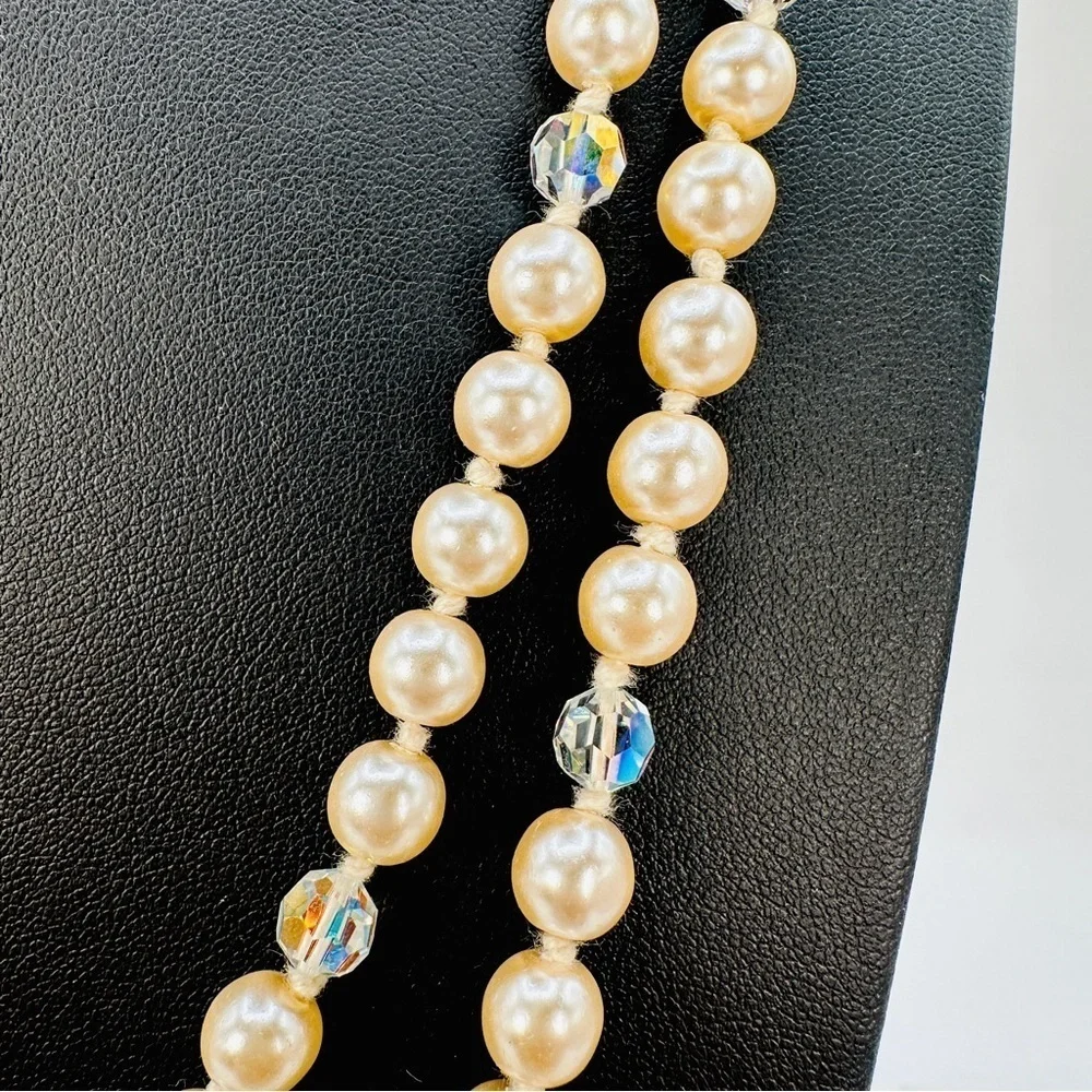 Vintage Glass Pearl Necklace Aurora Borealis Faceted Crystals Knotted Opera 52”